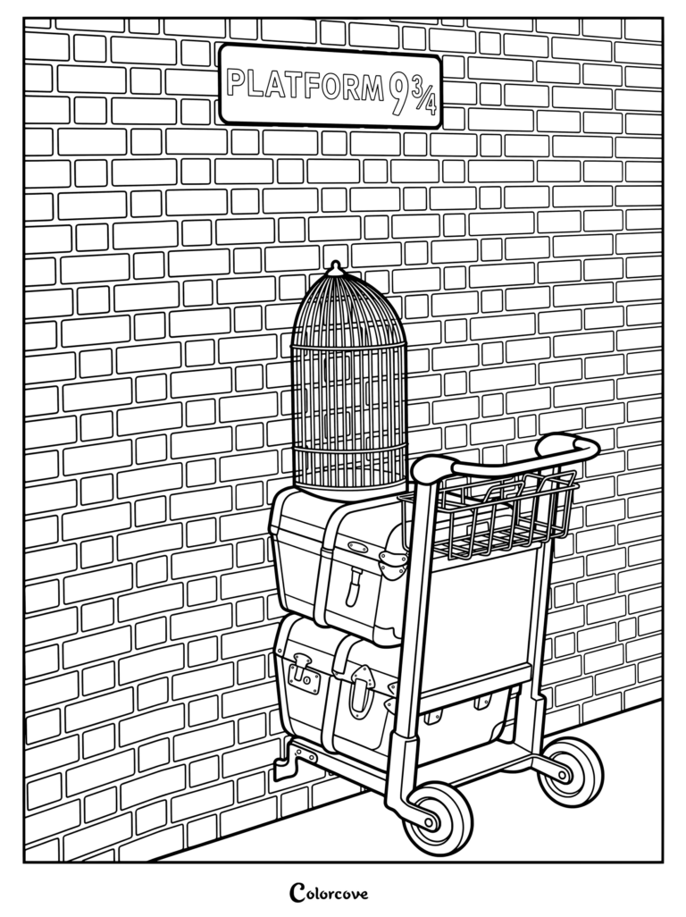 Página para colorear del carrito de equipaje en el Andén 9 y 3/4 con baúles y una jaula frente a una pared de ladrillo