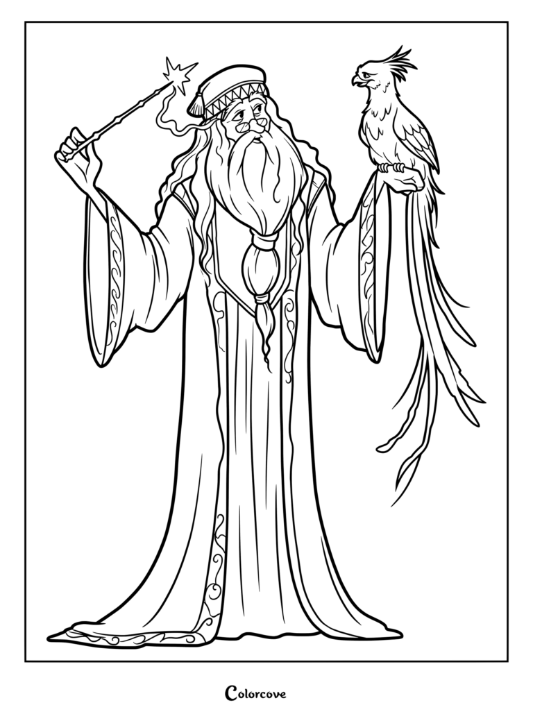 Página para colorear del Profesor Dumbledore sosteniendo su varita con Fawkes posado en su brazo