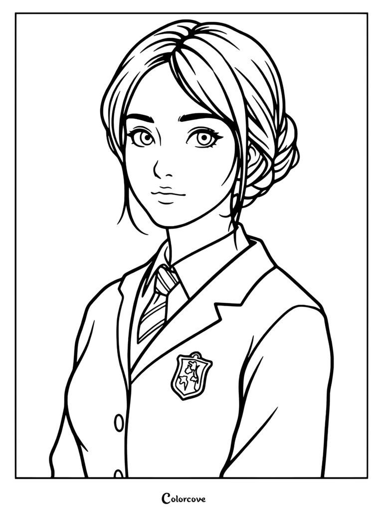 Página para colorear detallada de Cho Chang, de Harry Potter, vistiendo el uniforme de Hogwarts