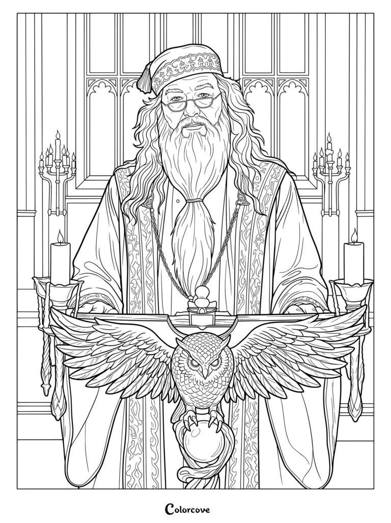 Página para colorear imprimible del Profesor Albus Dumbledore junto al podio del búho dorado en el Gran Comedor de Hogwarts