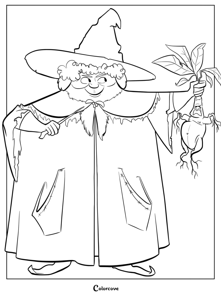 Página para colorear imprimible de la Profesora Pomona Sprout, jefa de la casa Hufflepuff y profesora de Herbología en el Colegio Hogwarts de Magia y Hechicería, sosteniendo una raíz de Mandrágora chillona.