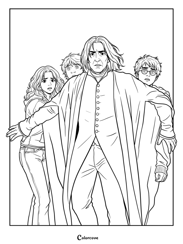 Página para colorear imprimible del profesor Severus Snape protegiendo a Harry Potter, Ron Weasley y Hermione Granger con su túnica negra extendida