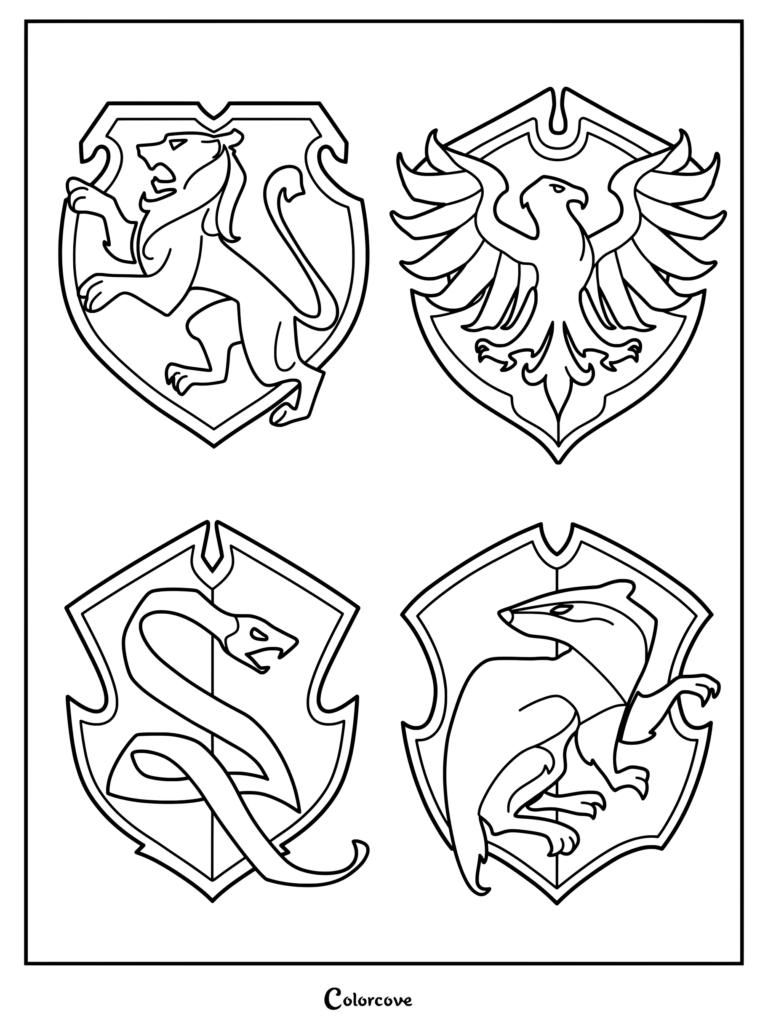 Página para colorear con los escudos rediseñados de las casas de Hogwarts del RPG de acción Hogwarts Legacy, con trazos marcados de los símbolos de Gryffindor, Ravenclaw, Slytherin y Hufflepuff