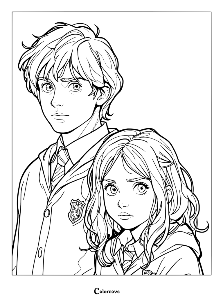 Página para colorear imprimible de Ron y Ginny Weasley juntos vistiendo el uniforme de Hogwarts
