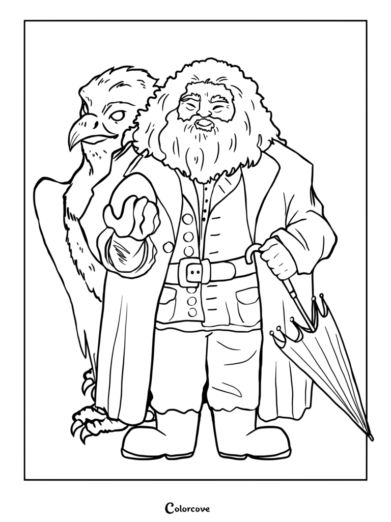 Página para colorear de Rubeus Hagrid sosteniendo un huevo de dragón junto a Buckbeak el hipogrifo