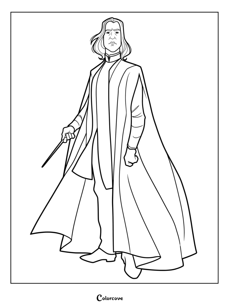 Página para colorear de Severus Snape sosteniendo una varita con su túnica ondeando
