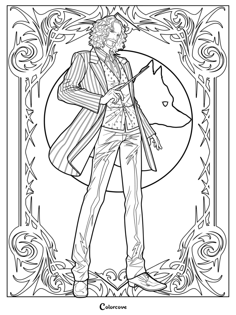 Página para colorear de Sirius Black sosteniendo una varita dentro de un marco decorativo con la sombra de un lobo