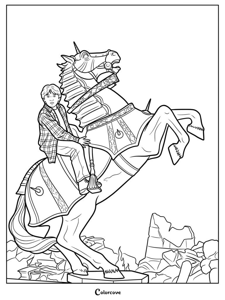 Página para colorear imprimible de Ron Weasley montado sobre un caballo de piedra durante la partida gigante de Ajedrez mágico