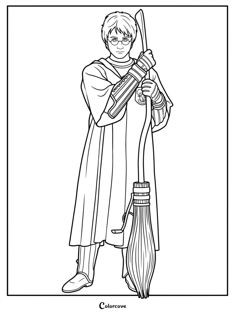 Página para colorear de Daniel Radcliffe como Harry Potter con su túnica de Quidditch de Gryffindor de primer año, sosteniendo una escoba Nimbus 2000 y llevando protectores de brazos