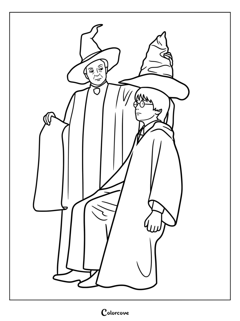 Página para colorear de esta escena icónica de Harry Potter y la piedra filosofal donde la Profesora McGonagall asigna a Harry Potter su casa de Hogwarts