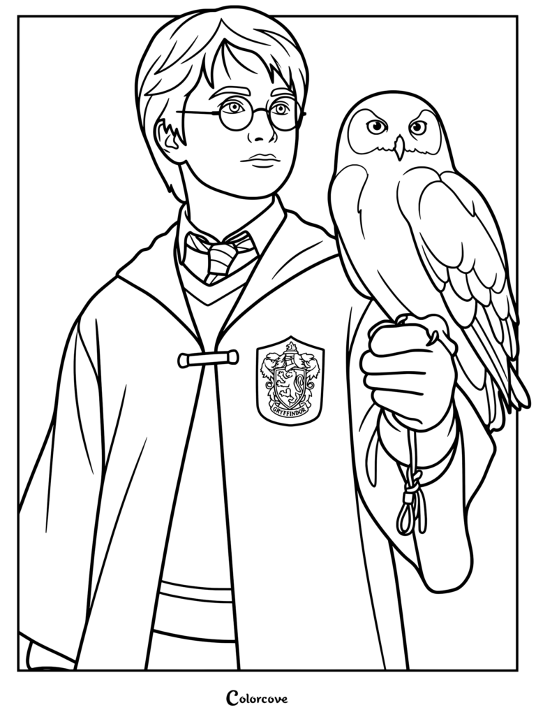 Página para colorear de Harry Potter sosteniendo a su lechuza nival Hedwig de Harry Potter y la piedra filosofal