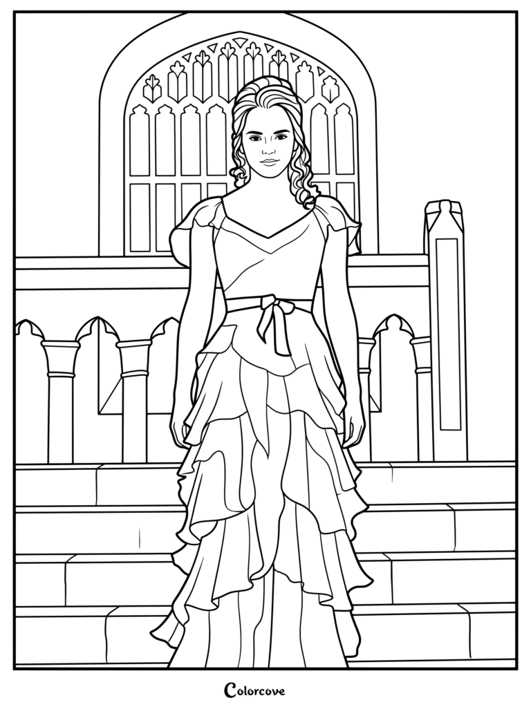 Página para colorear de Emma Watson como Hermione Granger bajando las escaleras de Hogwarts con su icónico vestido rosa del Baile de Navidad de Harry Potter y el cáliz de fuego