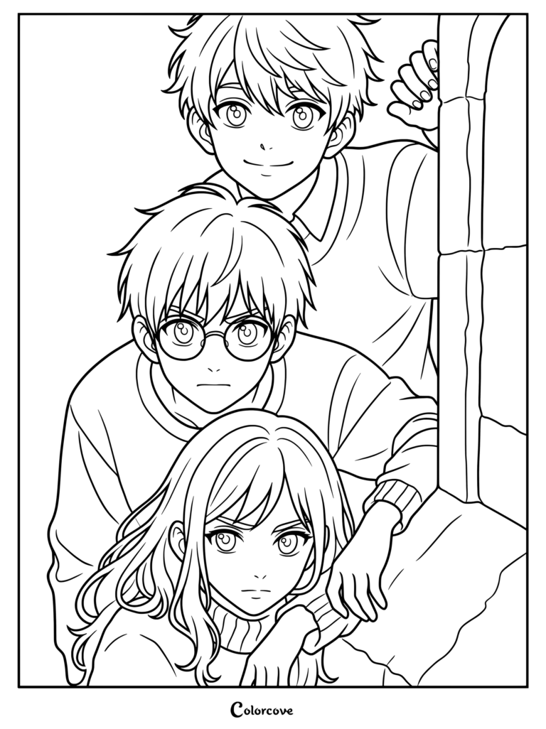 Página para colorear de Harry Potter, Ron Weasley y Hermione Granger con el trío asomándose detrás de un pilar de piedra