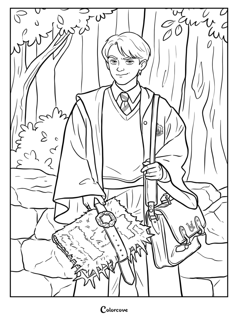 Página para colorear de Draco Malfoy con su túnica de Slytherin y sosteniendo El Monstruoso Libro de los Monstruos