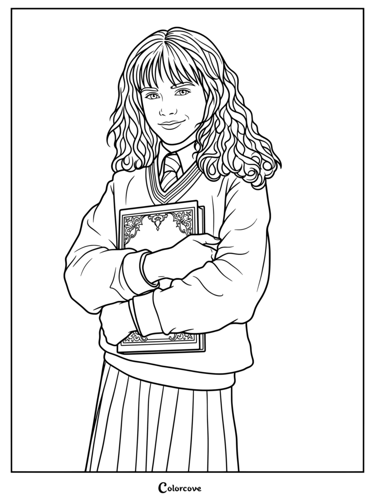 Página para colorear de Emma Watson en su icónico look promocional como Hermione Granger en Harry Potter y la piedra filosofal (2001)