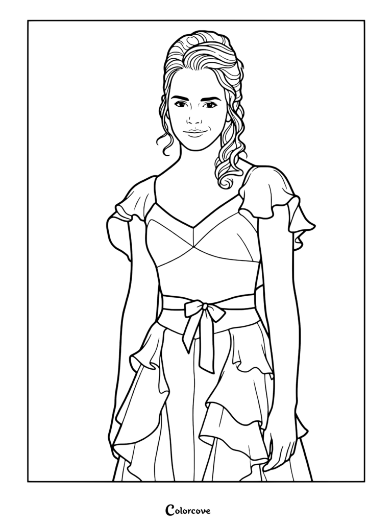 Página para colorear de Hermione Granger con un vestido rosa de volantes del Baile de Navidad, mangas mariposa y lazo en la cintura