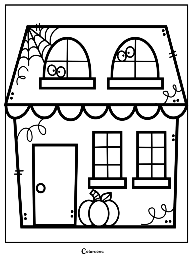 Dibujo de una Casa Embrujada con ojos curiosos en las ventanas superiores, una telaraña y una calabaza en la puerta.