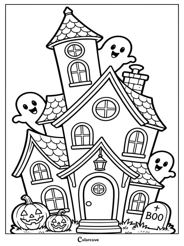 Un dibujo para colorear de una Casa Embrujada amigable con fantasmas sonrientes, calabazas de Halloween talladas y una lápida espeluznante.