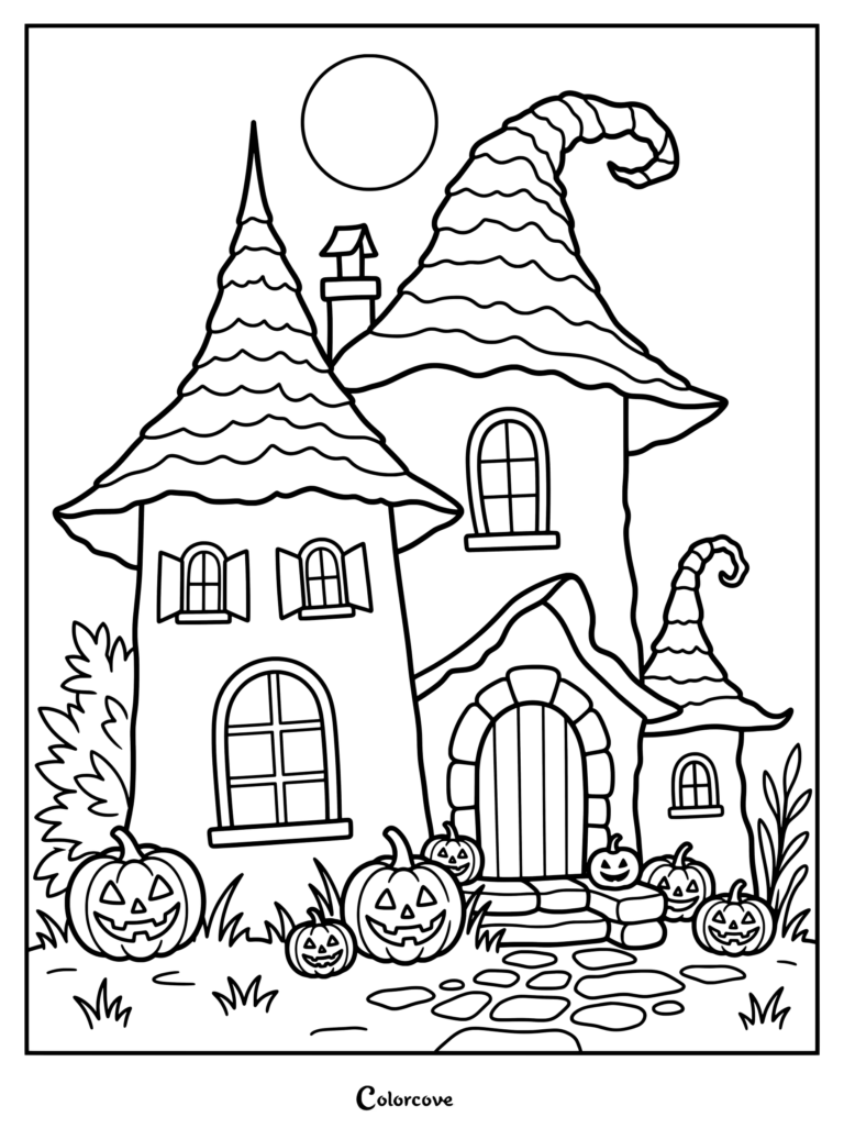 Dibujo de una Casa Embrujada con un castillo tétrico y caprichoso, torres torcidas, luna llena y calabazas talladas.