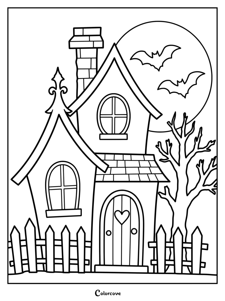 Una página para colorear de Casa Embrujada espeluznante con una luna llena, dos murciélagos voladores, un árbol retorcido y una cerca de madera.