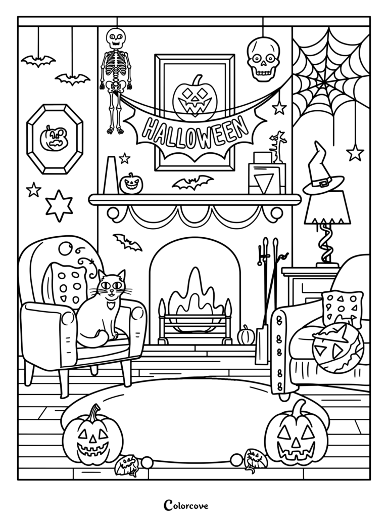 Un dibujo festivo de Halloween para colorear de una sala de estar que muestra el interior de una Casa Embrujada con un gato en un sillón, calabazas de Halloween, una chimenea y decoraciones espeluznantes.