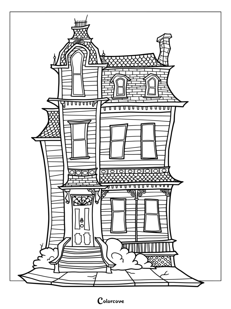 Dibujo para colorear de una espeluznante Casa Embrujada estilo mansión victoriana con arquitectura detallada y arbustos retorcidos.