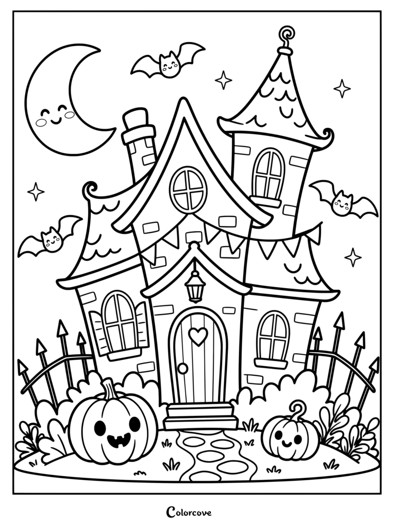 Dibujo para colorear de una Casa Embrujada con un castillo caprichoso, una luna creciente sonriente, murciélagos simpáticos y calabazas de Halloween.
