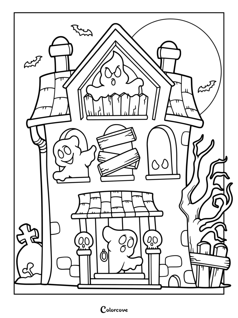 Un dibujo para colorear de una Casa Embrujada con fantasmas, murciélagos, un árbol seco y una luna llena.
