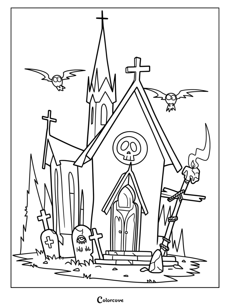 Dibujo para colorear de una Casa Embrujada con una iglesia tétrica, murciélagos, lápidas y una antorcha encendida.