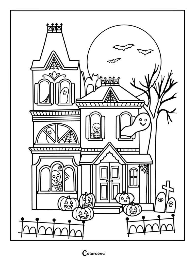 Dibujo de una Casa Embrujada espeluznante con fantasmas, esqueletos, calabazas, murciélagos y una luna llena.