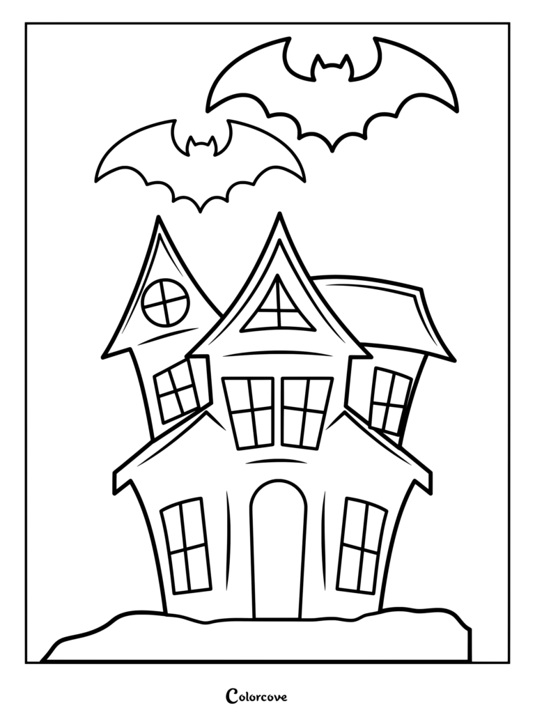 Dibujo para colorear de una espeluznante Casa Embrujada con una mansión tétrica y murciélagos volando.