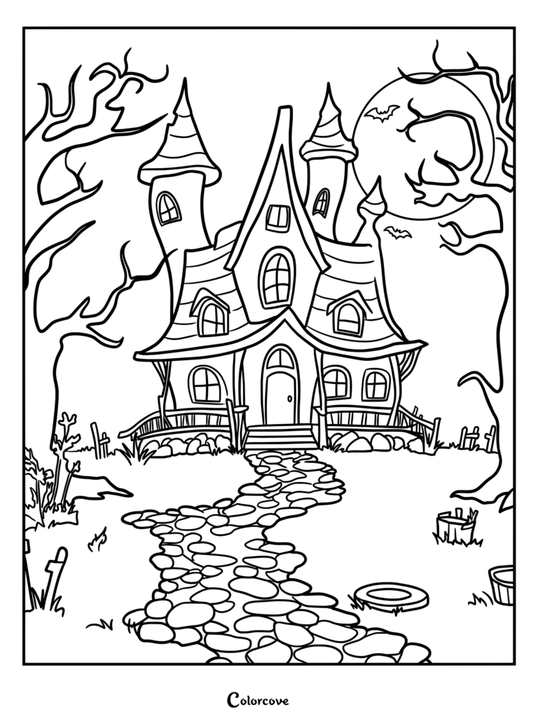 Página para colorear de Casa Embrujada espeluznante con un camino de piedra, árboles retorcidos y una luna llena.