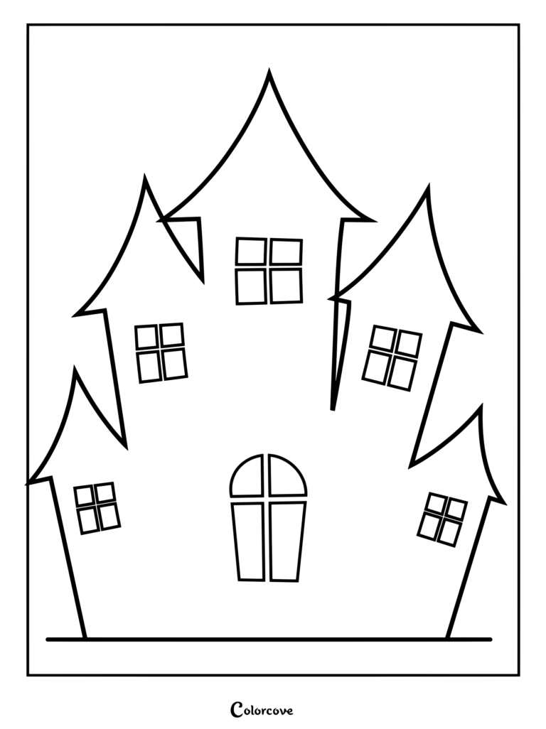 Dibujo de un castillo espeluznante que representa una Casa Embrujada con múltiples torres puntiagudas y ventanas pequeñas.