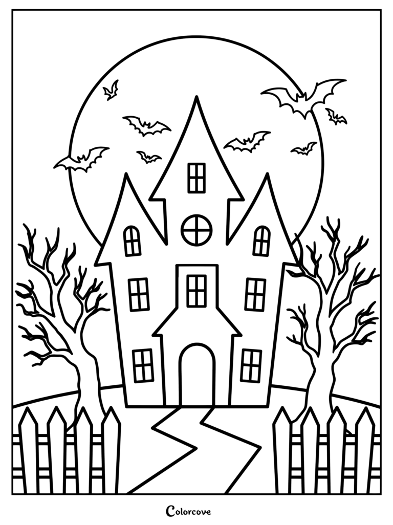 Página para colorear de Casa Embrujada espeluznante con una luna llena, murciélagos voladores, árboles estériles y una cerca.