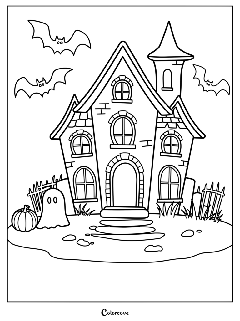 Dibujo para colorear de una Casa Embrujada con una mansión terrorífica, ventanas arqueadas, murciélagos, un fantasma y una calabaza.