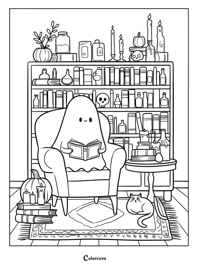 Dibujo detallado de un tierno fantasma leyendo un libro en un sillón rodeado de estanterías dentro de una Casa Embrujada.
