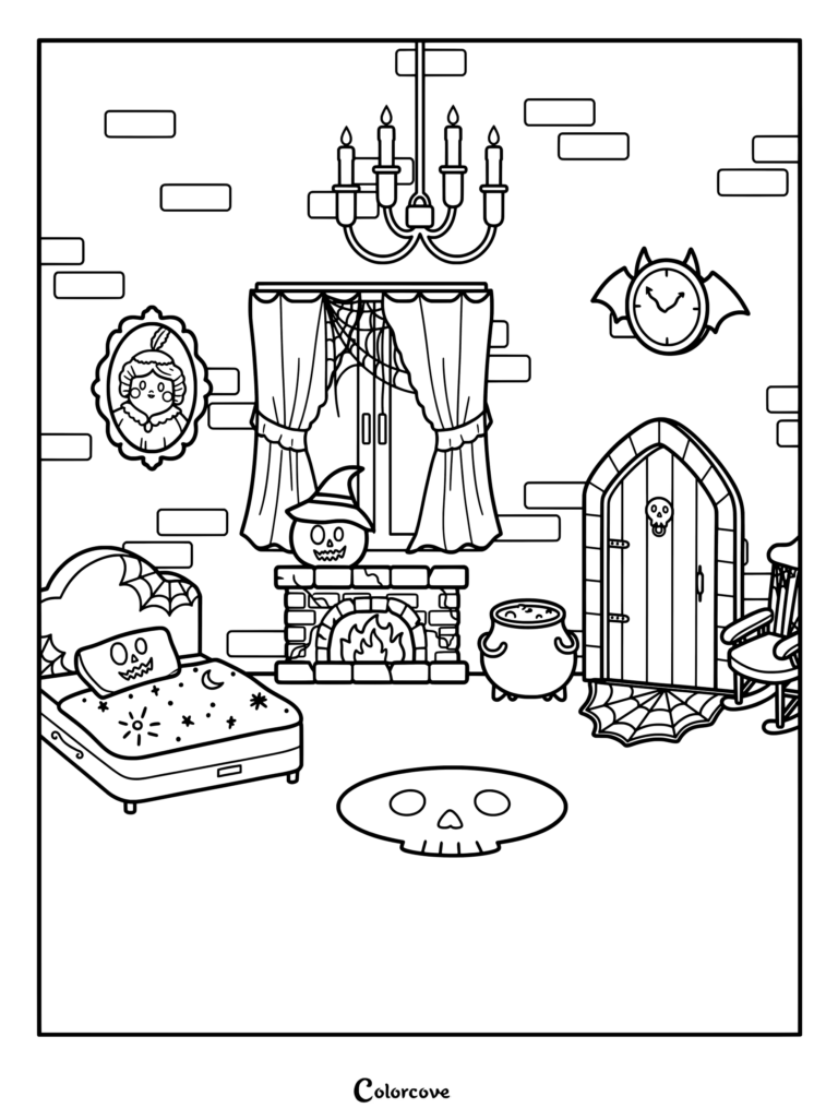 Dibujo de una Casa Embrujada con un dormitorio espeluznante que incluye una calabaza de Halloween con sombrero de bruja, un caldero burbujeante, un reloj de murciélago y una alfombra en forma de cráneo.