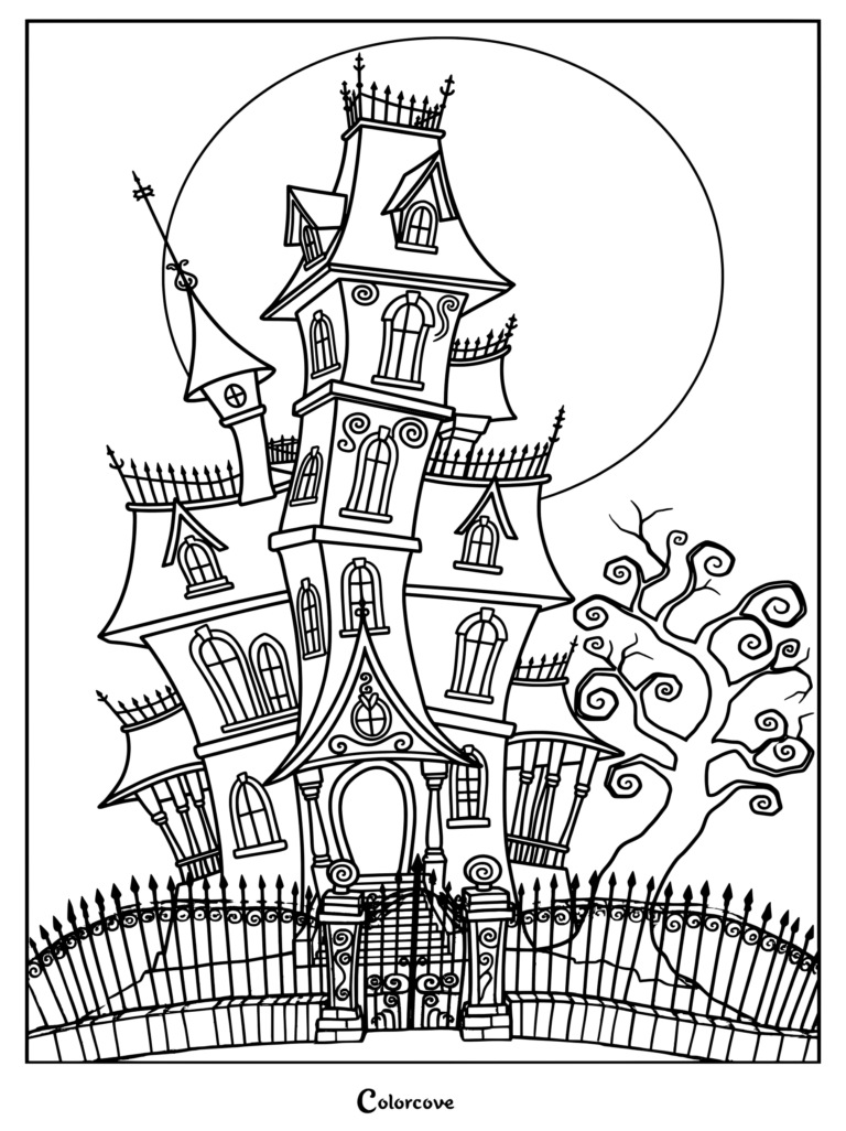 Página para colorear de Casa Embrujada con una mansión victoriana alta y retorcida con ventanas espeluznantes y una luna llena detrás.