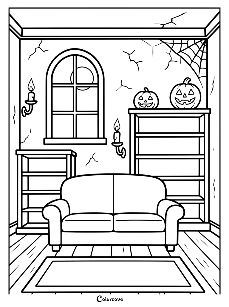 Dibujo para colorear de una Casa Embrujada con una sala de estar tétrica, un sofá, estanterías, velas encendidas, calabazas de Halloween y una telaraña.