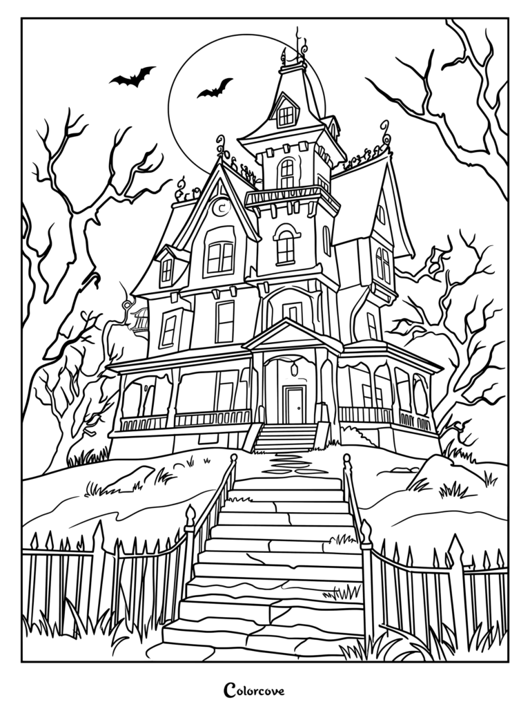 Página para colorear de Casa Embrujada espeluznante con una mansión victoriana bajo la luna llena con murciélagos y árboles des Tomados.