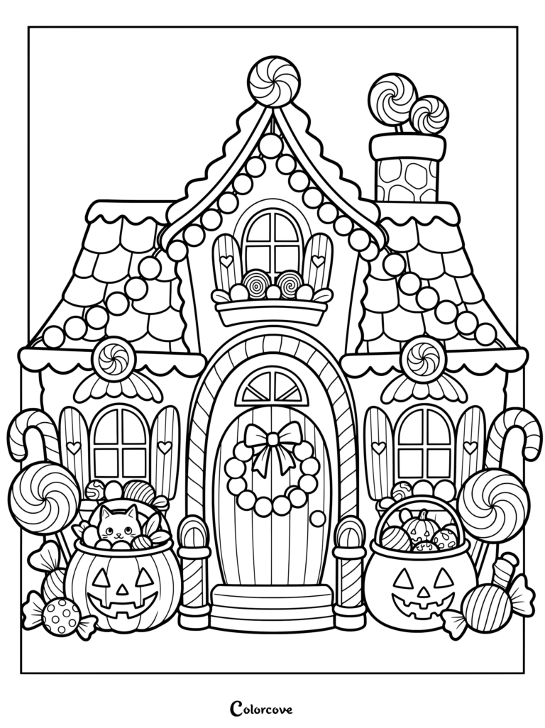 Un dibujo detallado para colorear de una dulce Casa Embrujada hecha de caramelos, con paletas, calabazas de Halloween y un tierno gato.