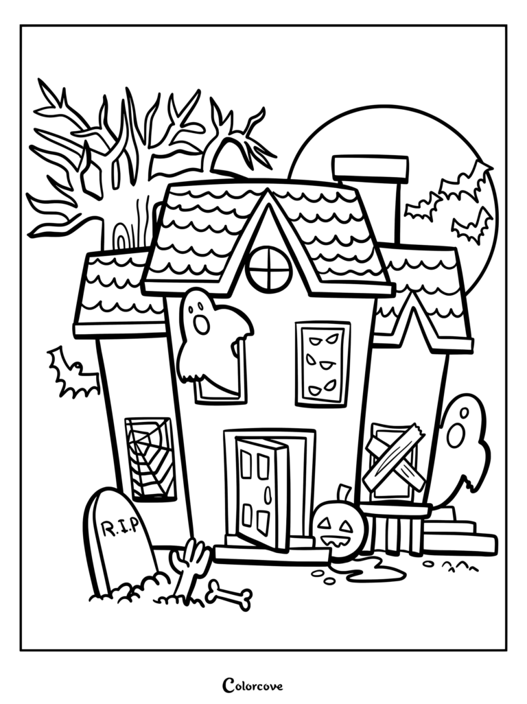 Dibujo para colorear de una Casa Embrujada con fantasmas, murciélagos, una calabaza de Halloween y un cementerio.