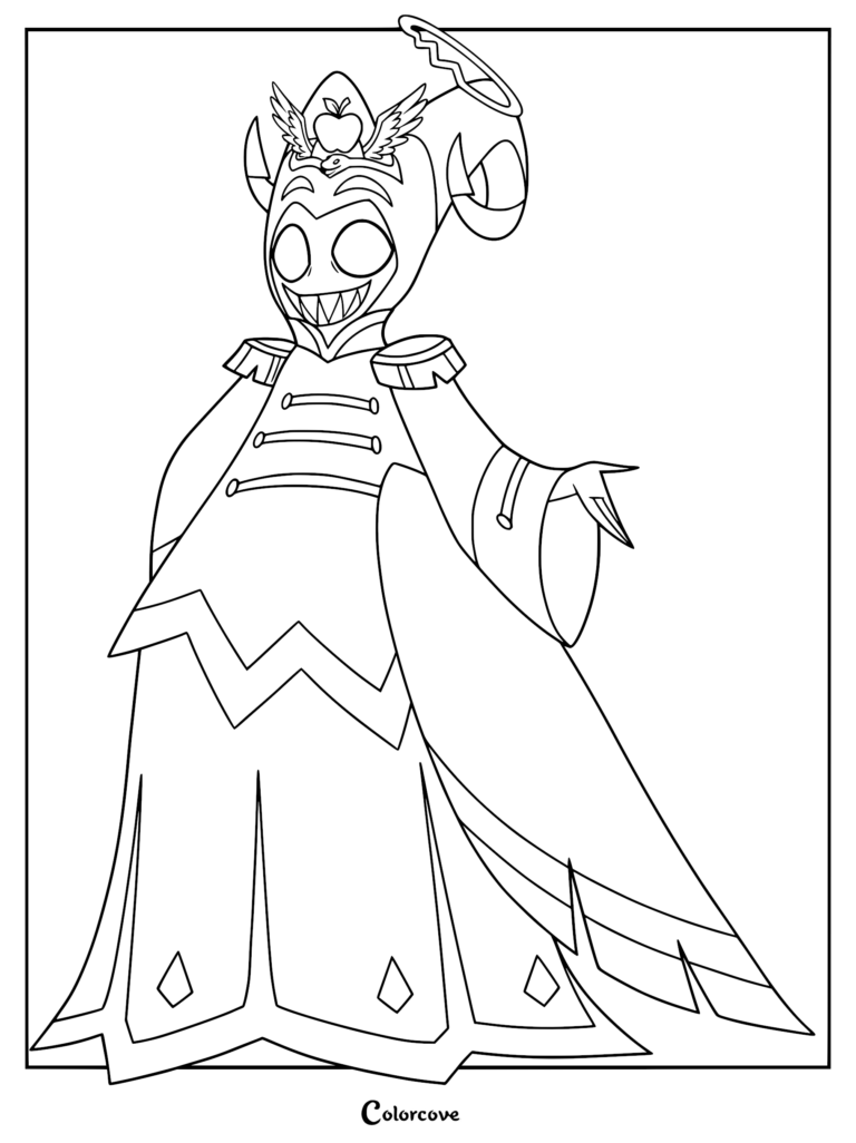 Abel from Hazbin Hotel wearing his royal coat and crown with an apple emblem, presented as a clean line art coloring page.