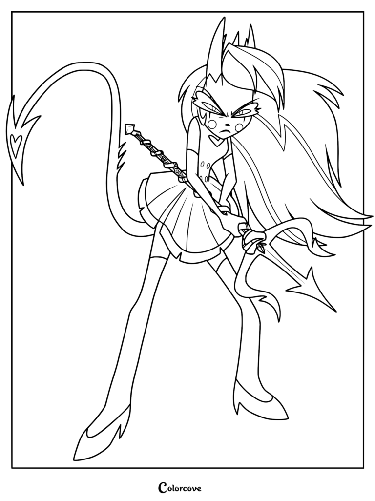 Charlie Morningstar from Hazbin Hotel holding a trident in a fierce battle stance, printable coloring page.