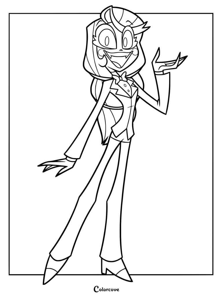 Charlie Morningstar from Hazbin Hotel in a formal tuxedo, standing with one hand raised in a friendly gesture, printable coloring page.