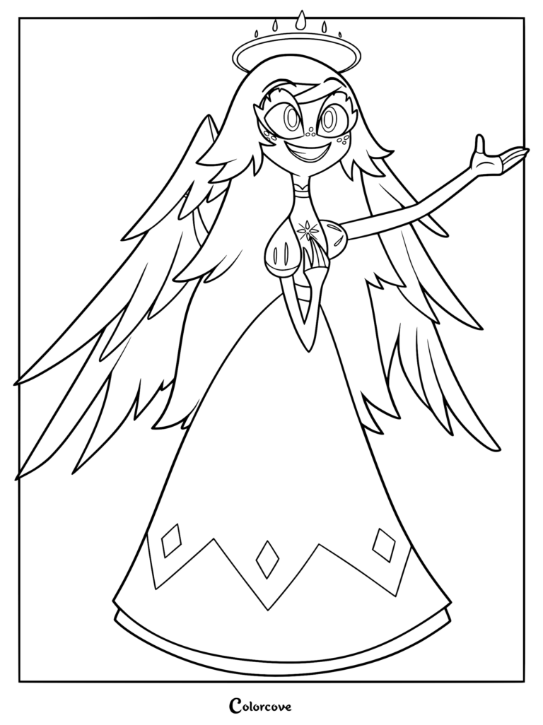 Emily from Hazbin Hotel with large wings and a halo in a printable coloring page format.
