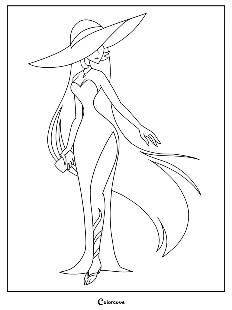 Lilith Morningstar from Hazbin Hotel wearing a wide-brimmed sun hat and a long elegant dress in this printable coloring page.