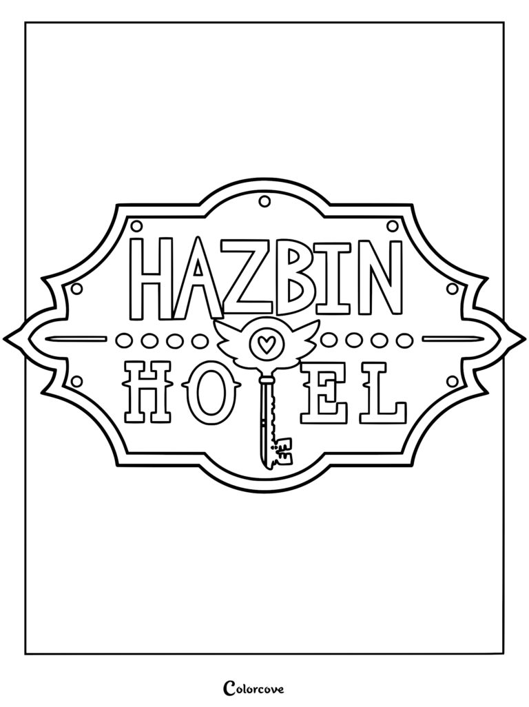 Hazbin Hotel logo coloring page featuring the iconic sign with a winged key emblem.