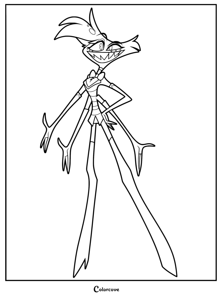Angel Dust from Hazbin Hotel standing with a confident grin in this printable coloring page.