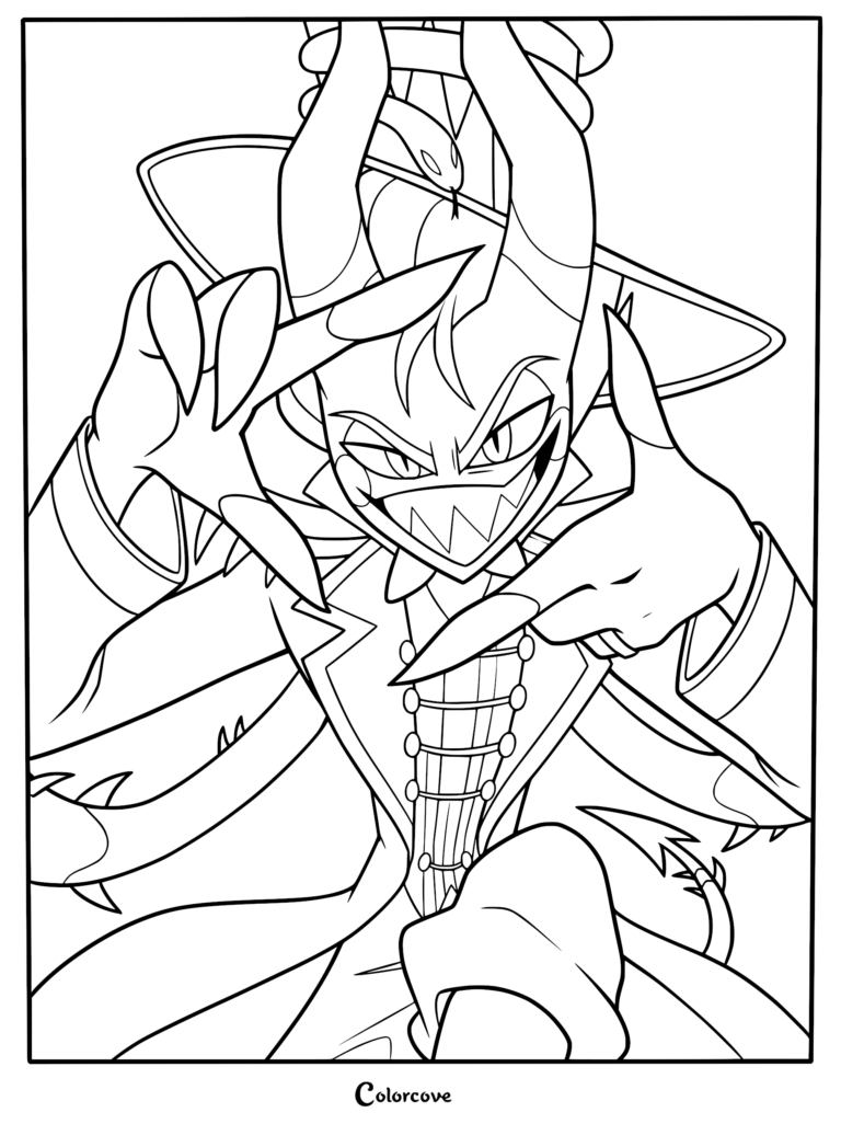 Lucifer from Hazbin Hotel wearing his top hat with a snake, making a framing gesture with his hands in this printable coloring page.
